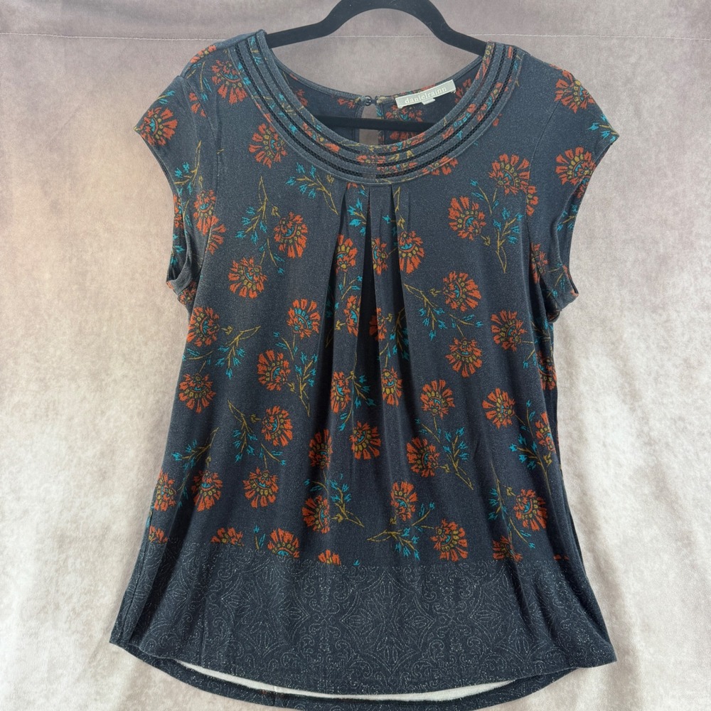 Daniel Rainn Floral Cap Sleeve Blouse Charcoal Grey Orange Large Cottagecore